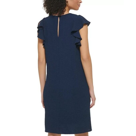 Jessica Howard Petite Keyhole Seersucker A-Line, Navy, Size 14 - Picture 2 of 4